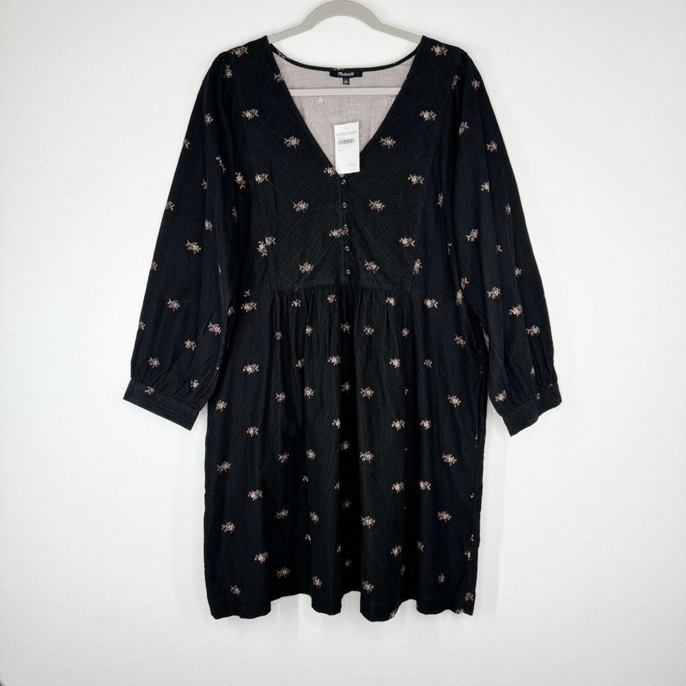 NWT Madewell Black Corduroy Mini Long Sleeve V-Neck Dress w/ Pockets Women’s XL